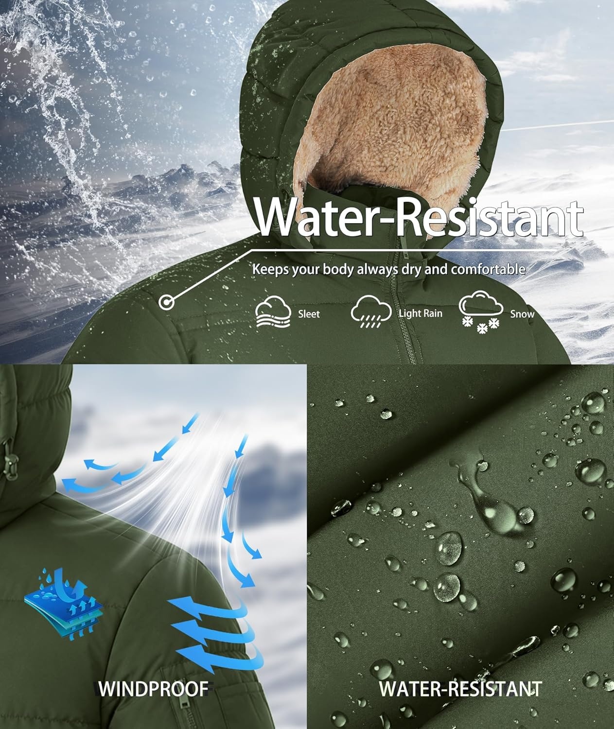 image:imageZITY Mens Winter Jackets Warm Puffer Coat Sherpa Fleece Parka WaterResistant Heavyweight Insulated Jacket with HoodOlive Green
