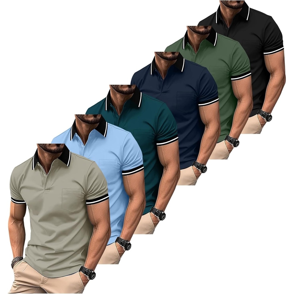 image:imageZITY 6 Pack Men Polo Shirts Short Sleeve with Pocket Wicking Shirts for Men Casual Collared TShirtsSix Blue Beige Darkblue Navy Green Black