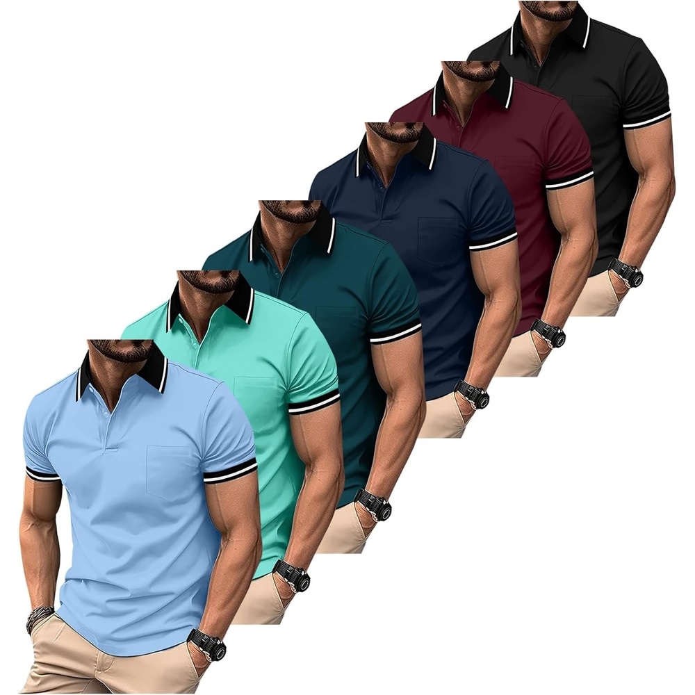 image:imageZITY 6 Pack Men Polo Shirts Short Sleeve with Pocket Wicking Shirts for Men Casual Collared TShirtsSix Duckblue Blue Brightblue Navy Winered Black