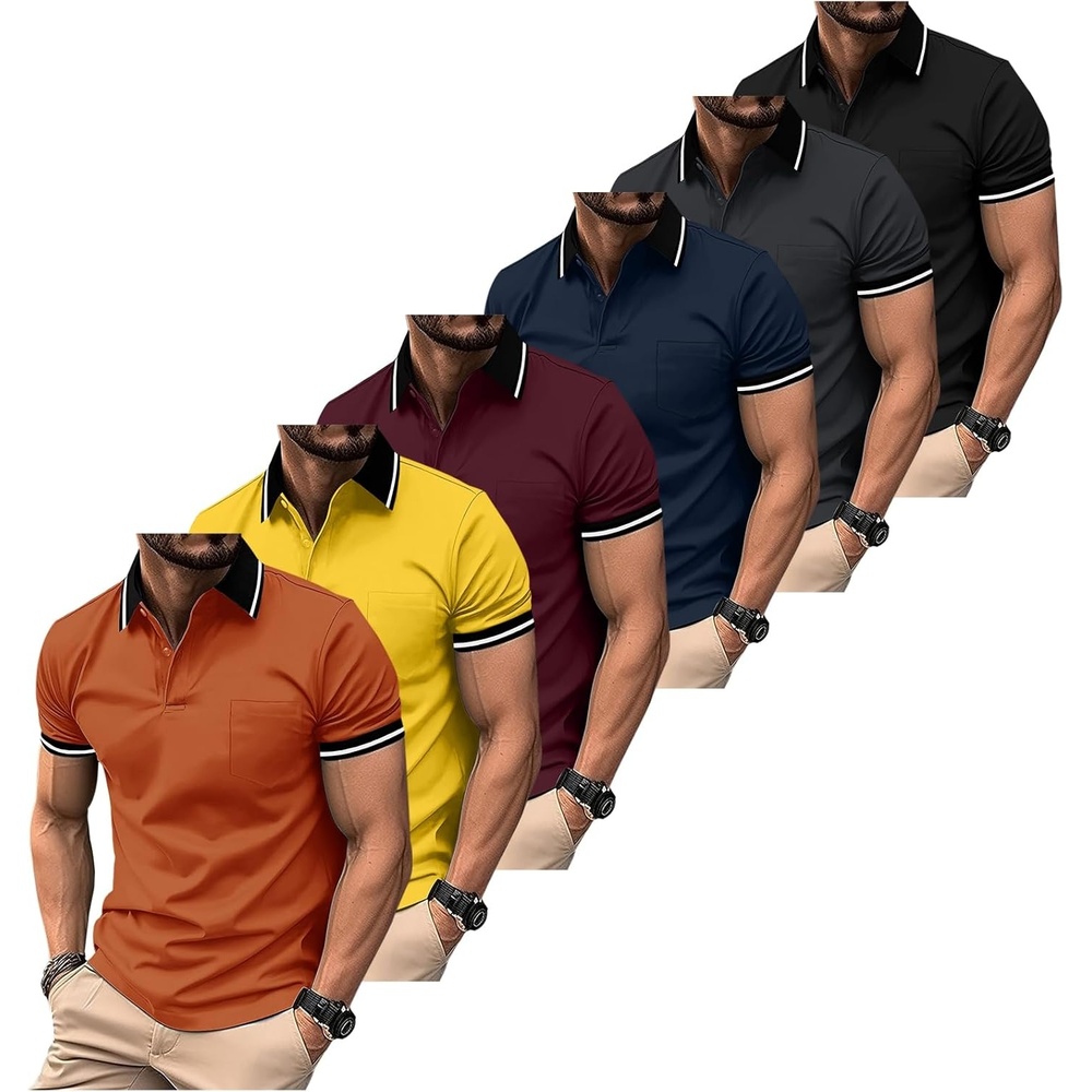 image:imageZITY 6 Pack Men Polo Shirts Short Sleeve with Pocket Wicking Shirts for Men Casual Collared TShirtsZ Orange Yellow Winered Navy Darkgray Black