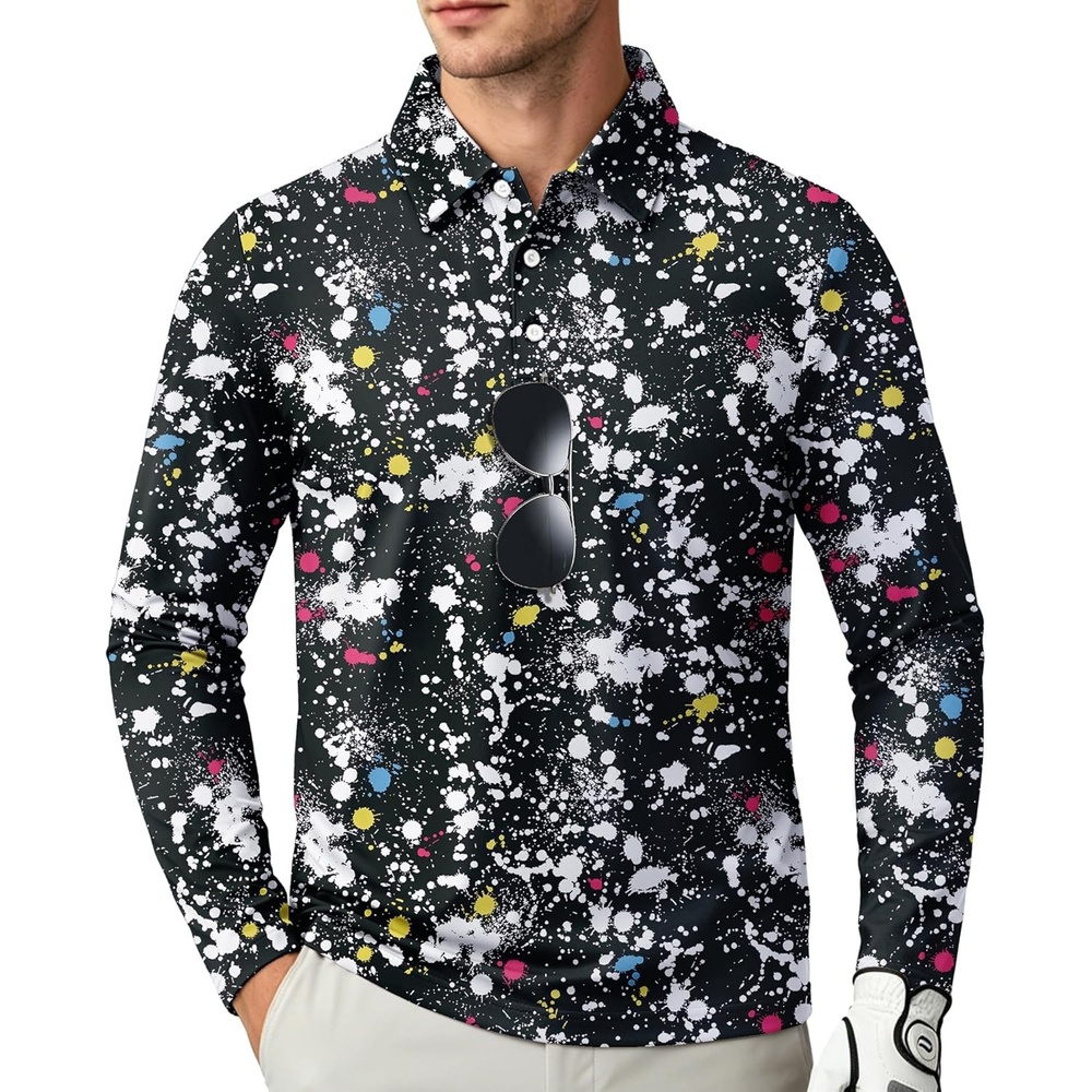 image:imageZITY Long Sleeve Polo Shirts for Men Print Golf Shirts UPF 50 Lightweight Casual Collared Shirts for Men Work Fish OutdoorBlack Digital Print