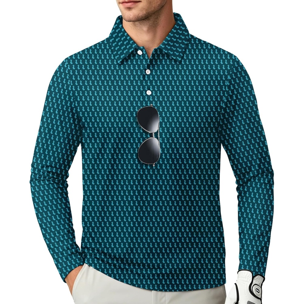 image:imageZITY Long Sleeve Polo Shirts for Men Print Golf Shirts UPF 50 Lightweight Casual Collared Shirts for Men Work Fish OutdoorBlue Green Seahorse