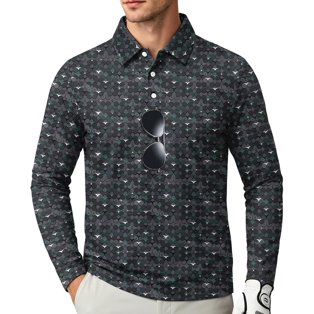 image:imageZITY Long Sleeve Polo Shirts for Men Print Golf Shirts UPF 50 Lightweight Casual Collared Shirts for Men Work Fish OutdoorDark Green Snakeskin
