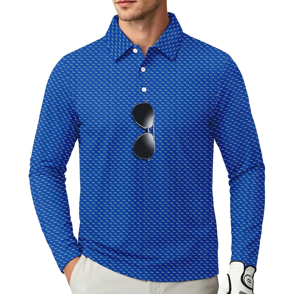 image:imageZITY Long Sleeve Polo Shirts for Men Print Golf Shirts UPF 50 Lightweight Casual Collared Shirts for Men Work Fish OutdoorDeep Sea Blue Fish