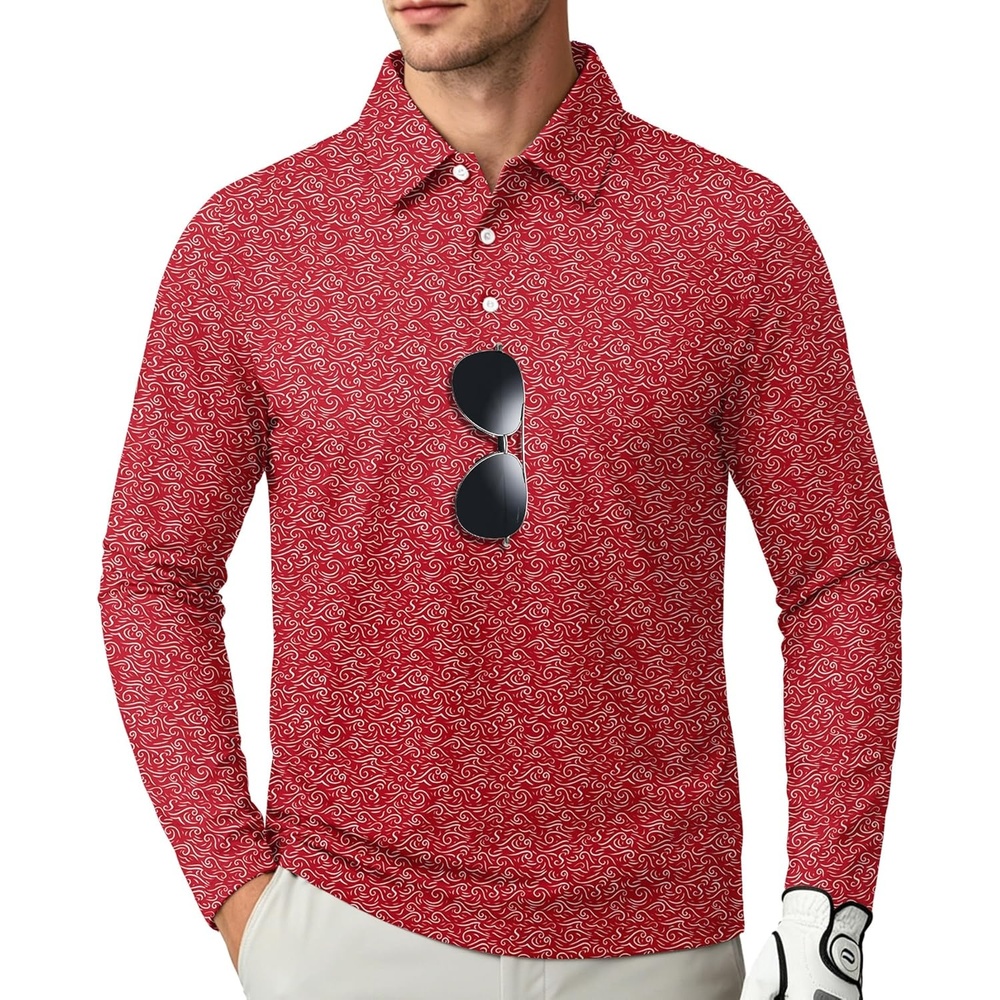 image:imageZITY Long Sleeve Polo Shirts for Men Print Golf Shirts UPF 50 Lightweight Casual Collared Shirts for Men Work Fish OutdoorRed Wave