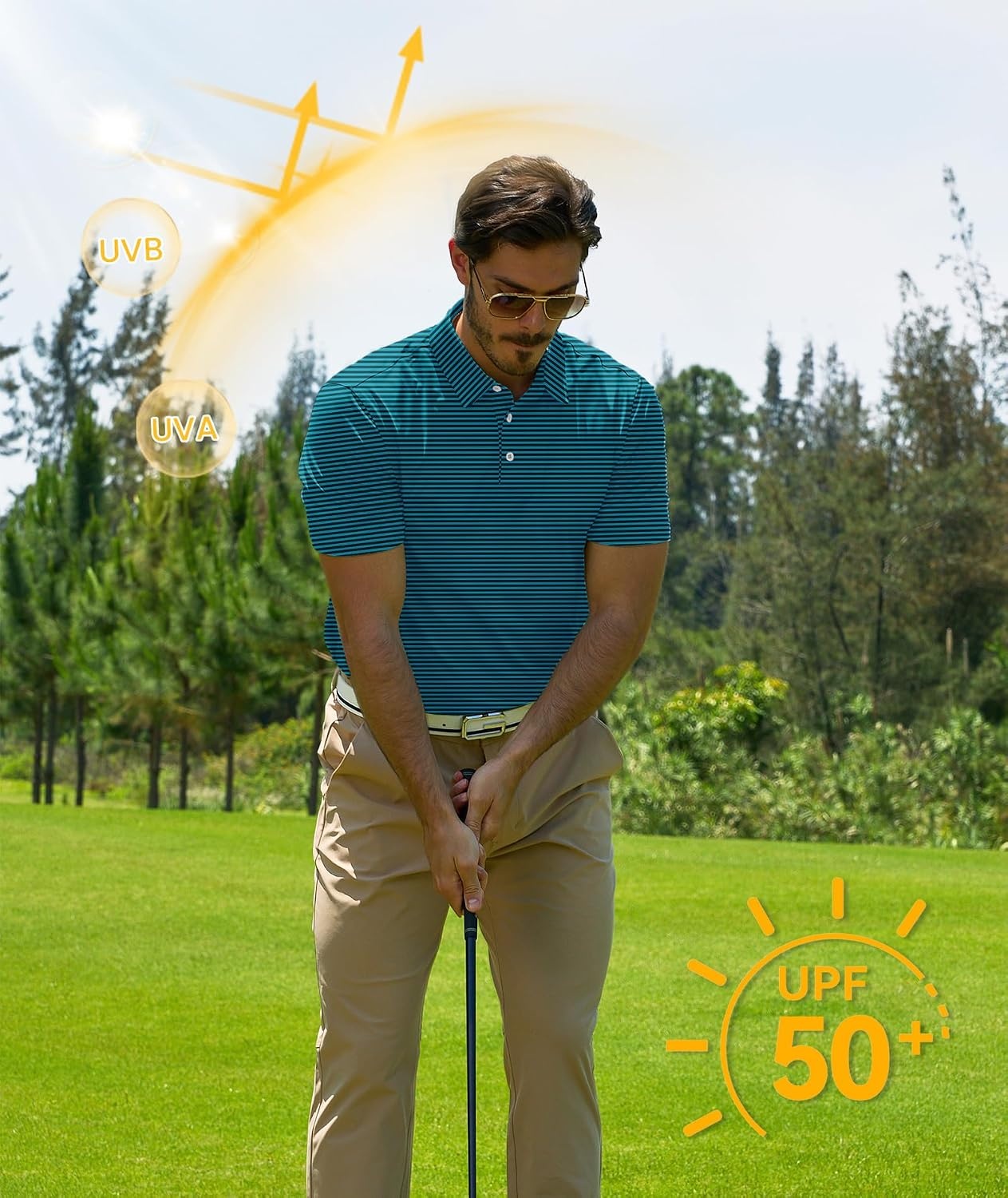image:imageZITY 3 Pack Golf Shirts for Men Short Sleeve UPF 50 Performance Moisture Wicking Casual Striped Collared Polo ShirtsDark Blue Green Striped