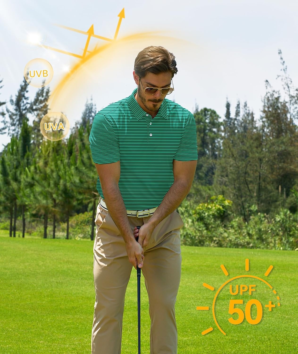 image:imageZITY 3 Pack Golf Shirts for Men Short Sleeve UPF 50 Performance Moisture Wicking Casual Striped Collared Polo ShirtsGreen Striped