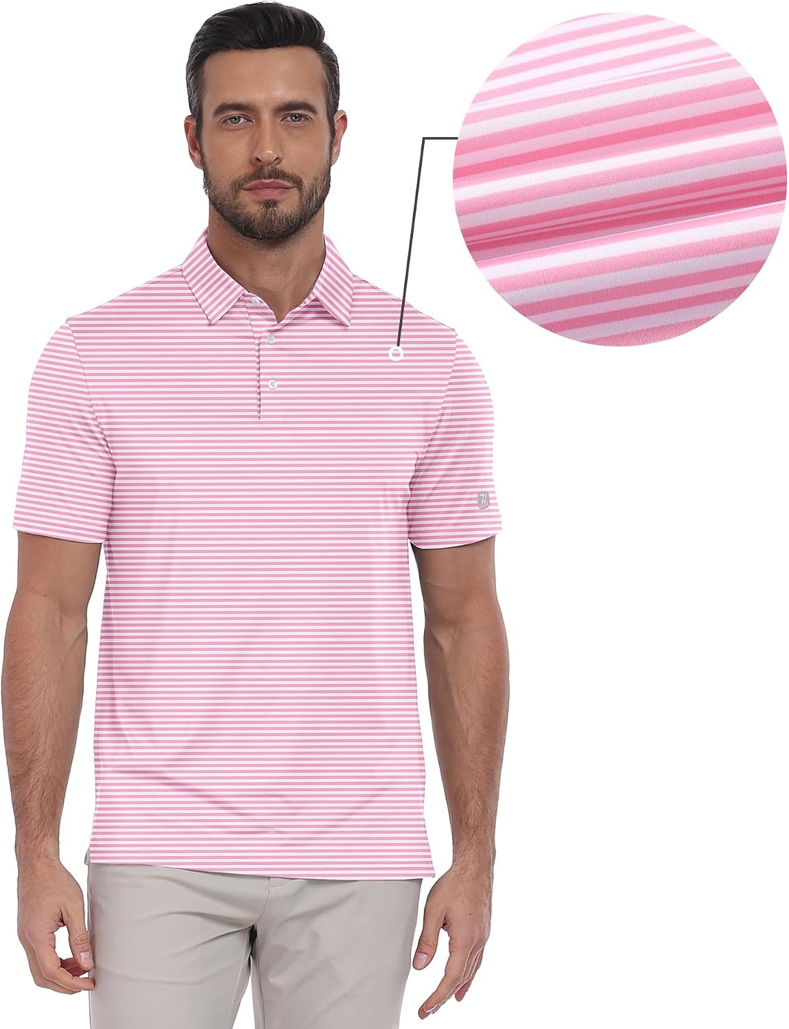 image:imageZITY 3 Pack Golf Shirts for Men Short Sleeve UPF 50 Performance Moisture Wicking Casual Striped Collared Polo ShirtsPink Striped