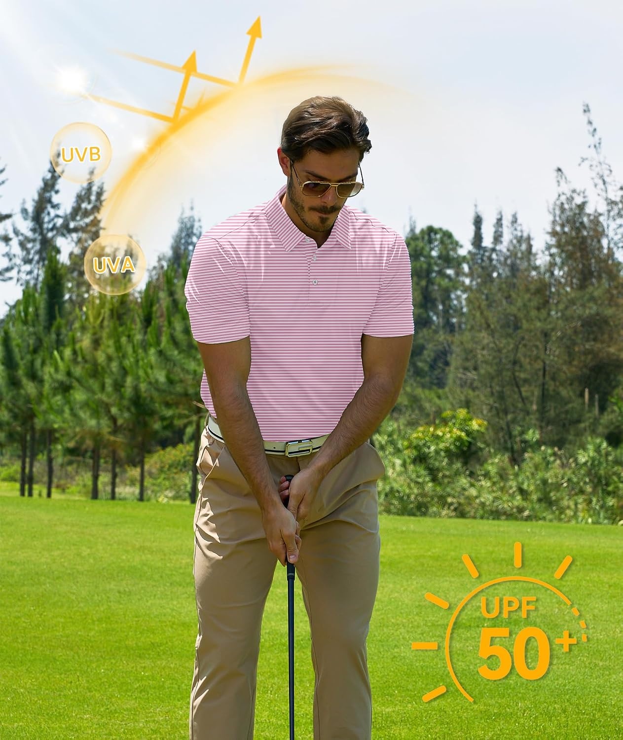 image:imageZITY 3 Pack Golf Shirts for Men Short Sleeve UPF 50 Performance Moisture Wicking Casual Striped Collared Polo ShirtsPink Striped