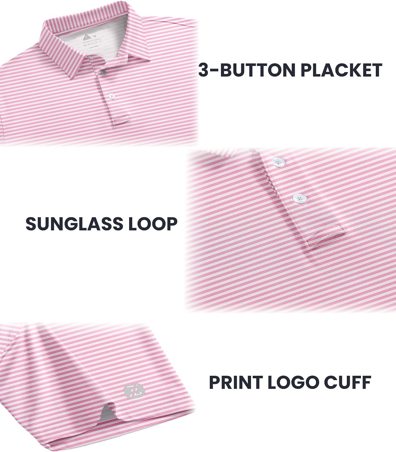 image:imageZITY 3 Pack Golf Shirts for Men Short Sleeve UPF 50 Performance Moisture Wicking Casual Striped Collared Polo ShirtsPink Striped