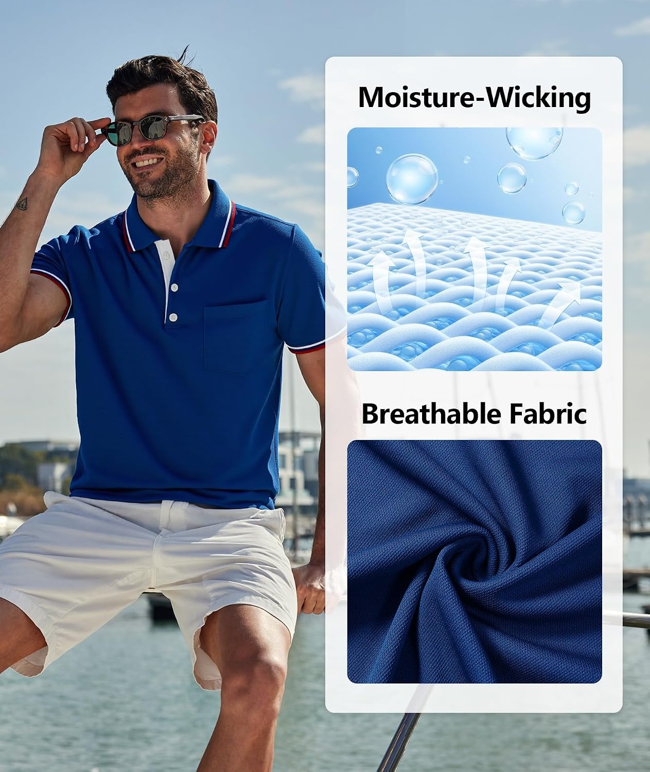 image:imageZITY Men Polo Shirts Short Sleeve with Pocket Golf Polo Wicking Shirts for Men Casual Collared TShirtsOne Blue
