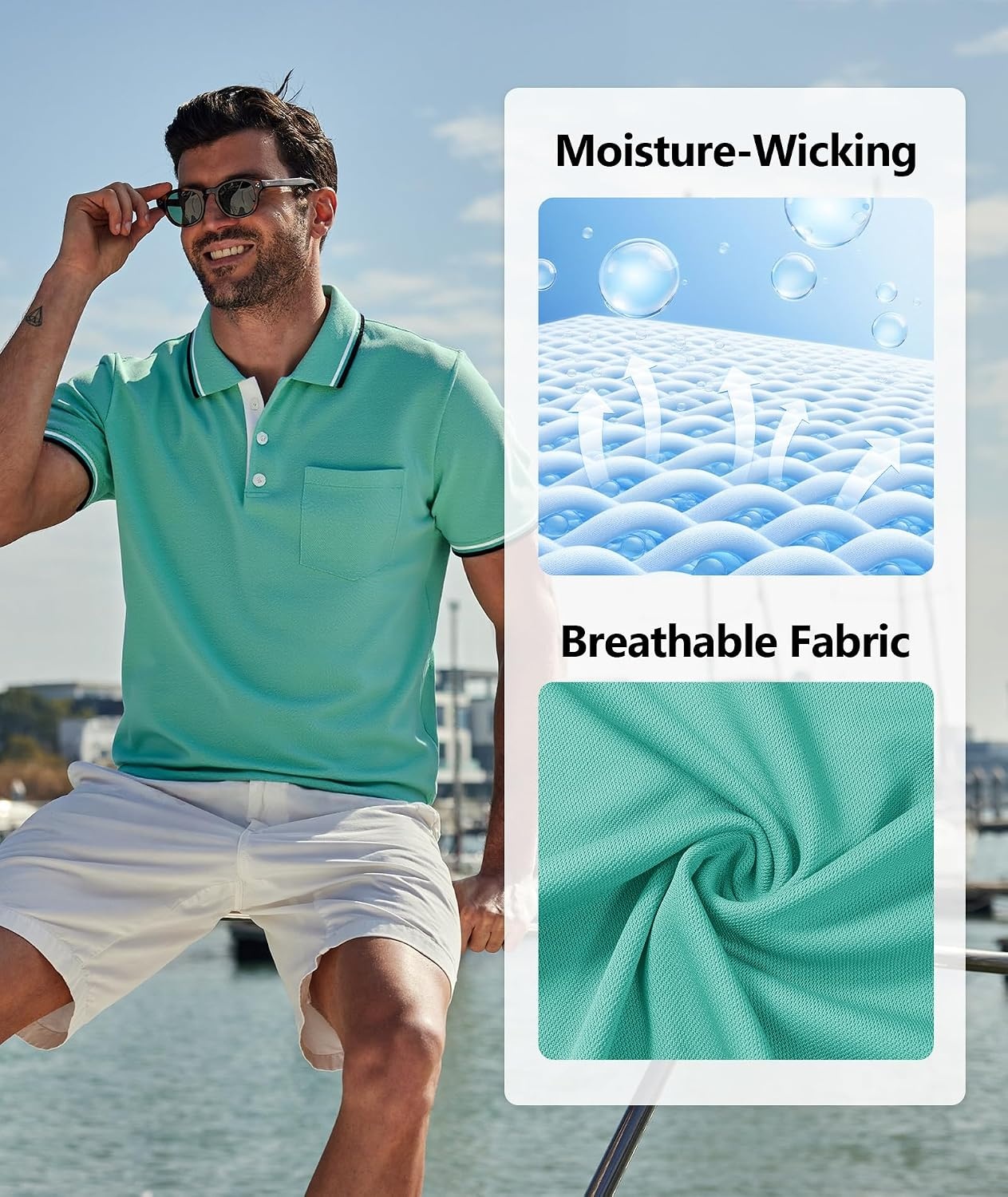 image:imageZITY Men Polo Shirts Short Sleeve with Pocket Golf Polo Wicking Shirts for Men Casual Collared TShirtsOne Bright Blue
