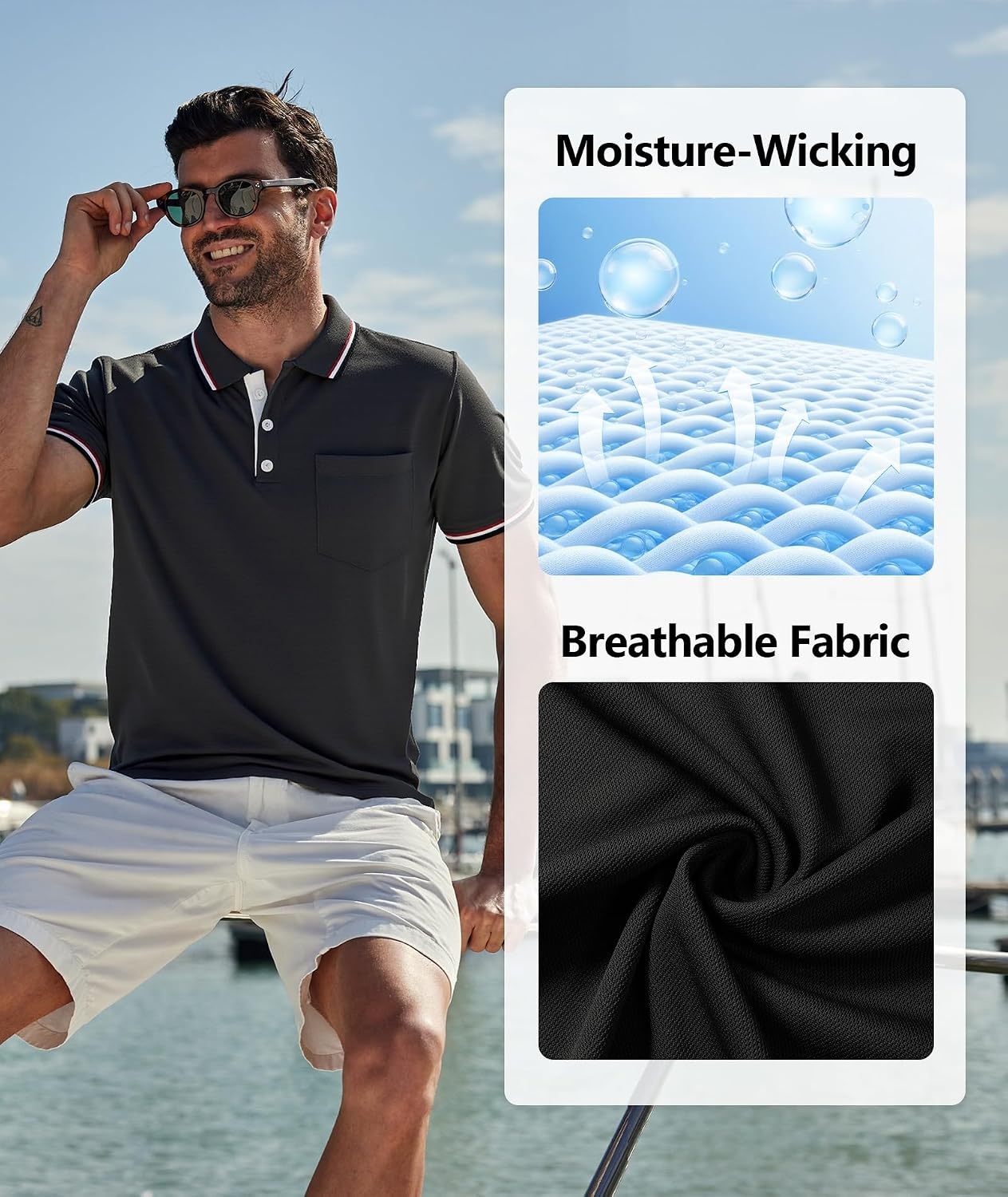 image:imageZITY Men Polo Shirts Short Sleeve with Pocket Golf Polo Wicking Shirts for Men Casual Collared TShirtsOne Grey