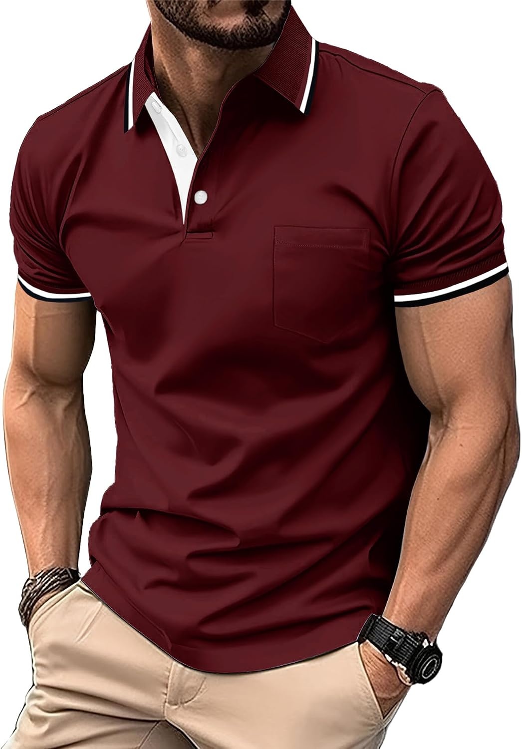 image:imageZITY Men Polo Shirts Short Sleeve with Pocket Golf Polo Wicking Shirts for Men Casual Collared TShirtsOne Red