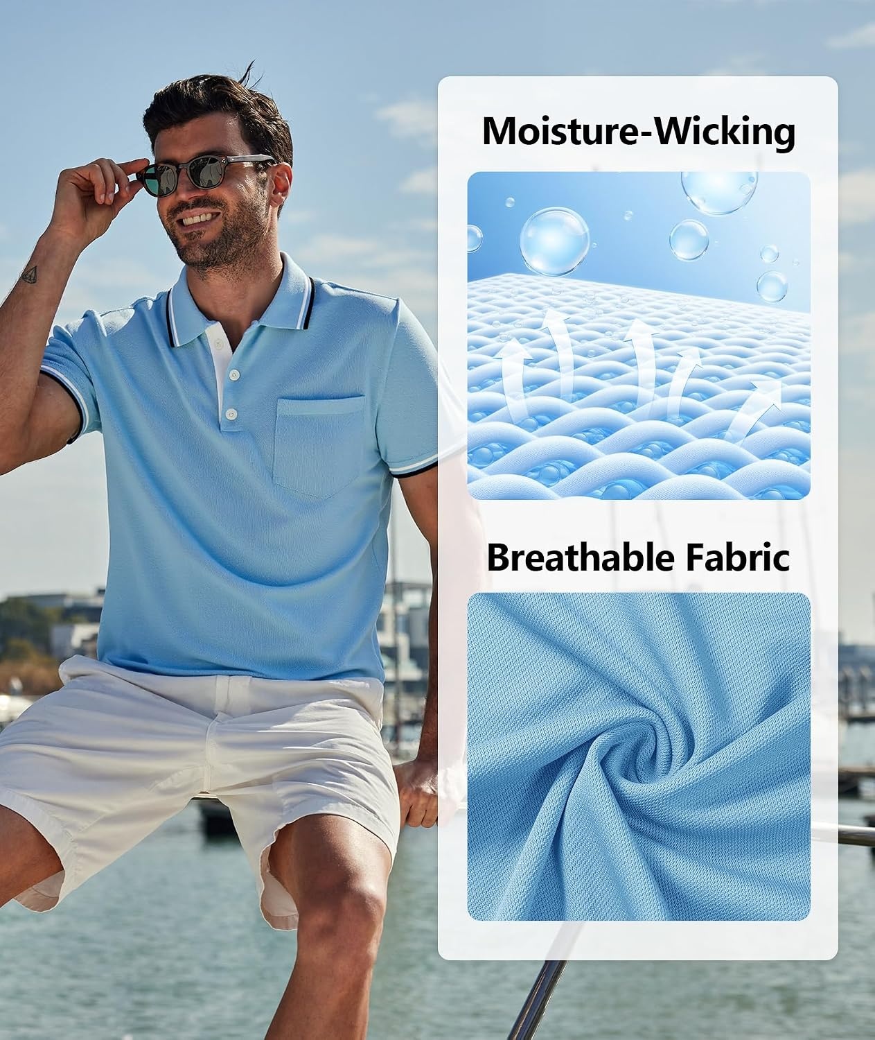 image:imageZITY Men Polo Shirts Short Sleeve with Pocket Golf Polo Wicking Shirts for Men Casual Collared TShirtsOne Sky Blue