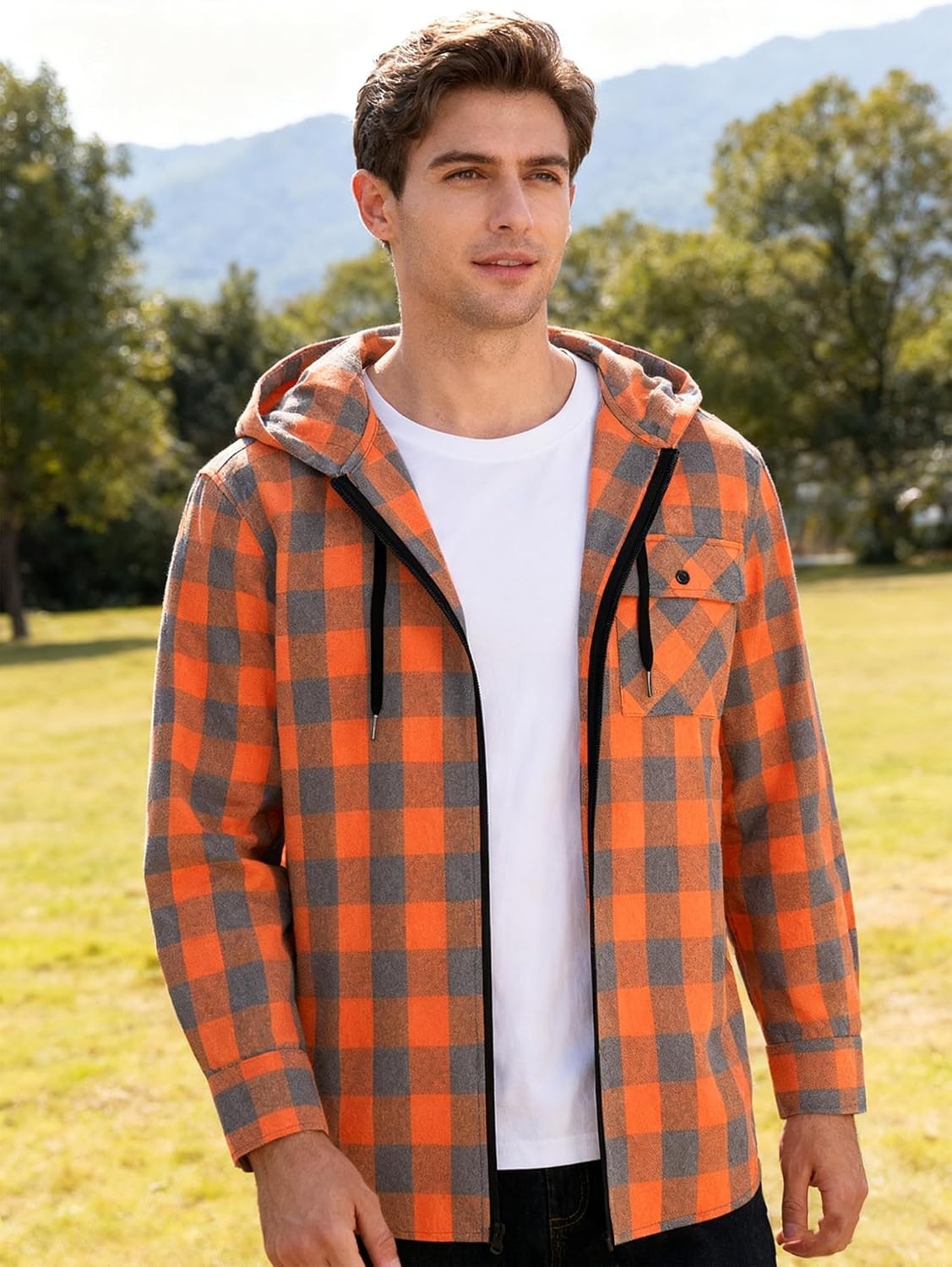 image:imageZITY Mens Cotton Linen Zip up Hoodies Long Sleeve Casual Tops Plaid Flannel Shirt with Hood Orange