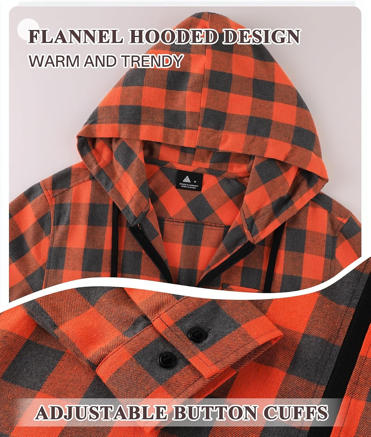 image:imageZITY Mens Cotton Linen Zip up Hoodies Long Sleeve Casual Tops Plaid Flannel Shirt with Hood Orange