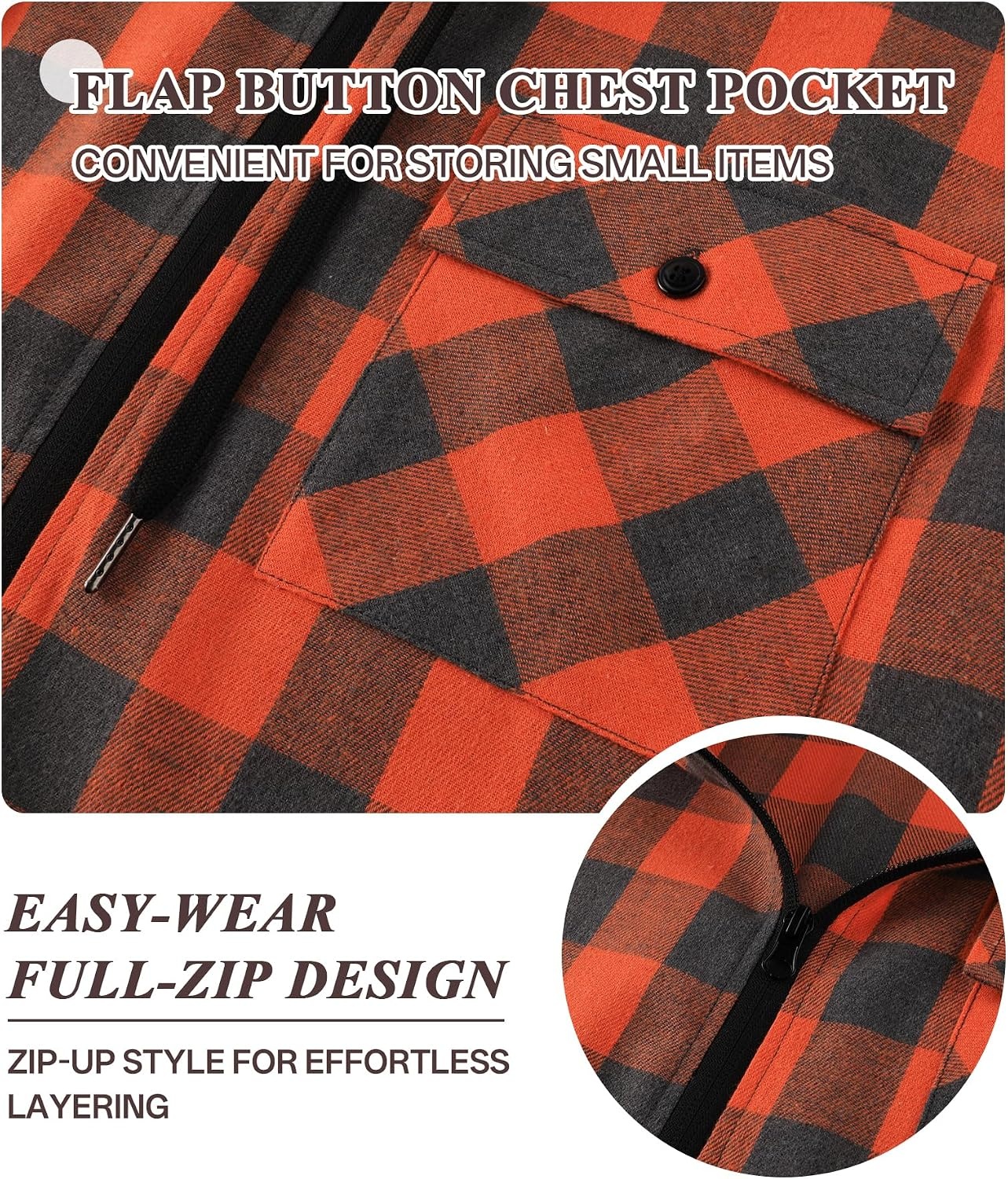 image:imageZITY Mens Cotton Linen Zip up Hoodies Long Sleeve Casual Tops Plaid Flannel Shirt with Hood Orange