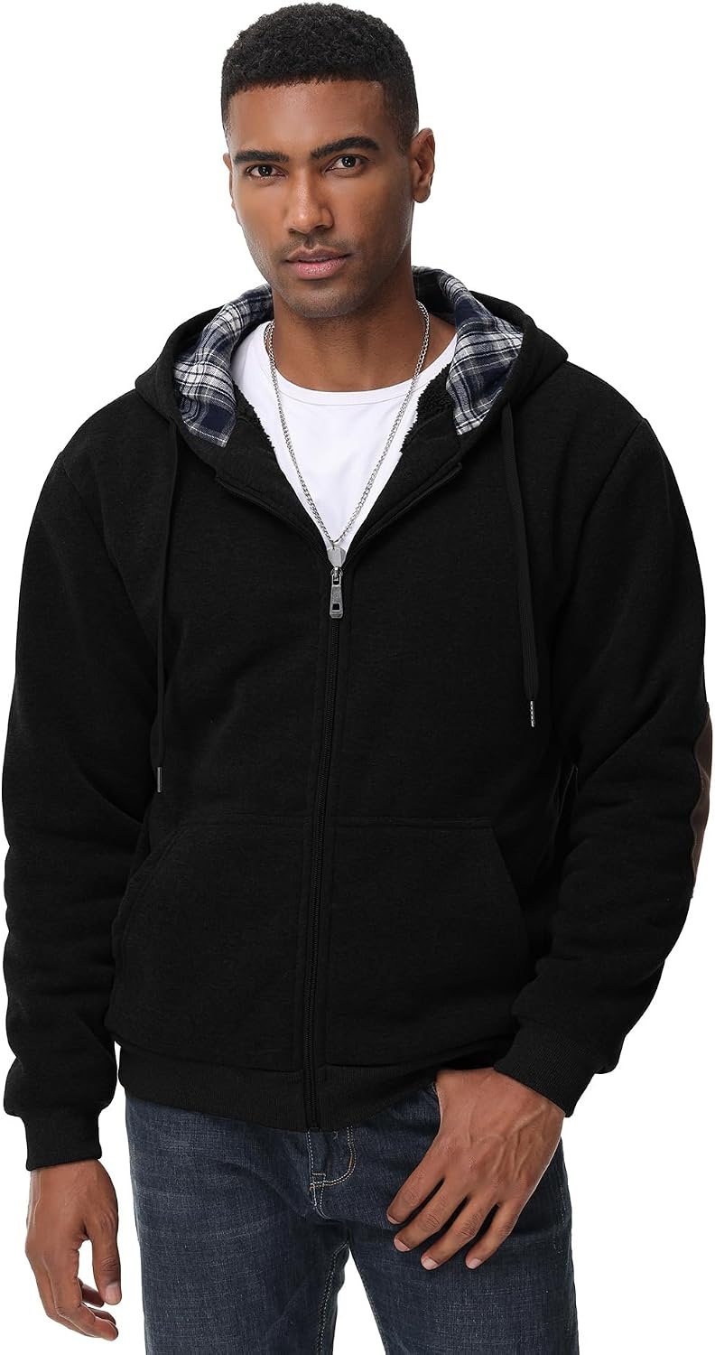 image:imageZITY Mens Flannel Plaid Lined Hoodies Zip Up Heavyweight Sweatshirt Winter Warm Thick CoatBlack