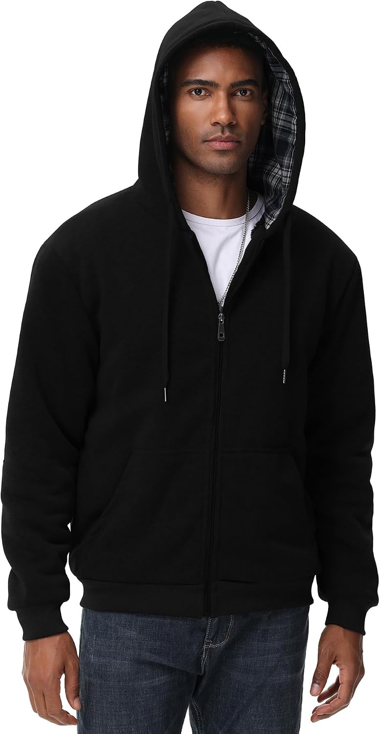 image:imageZITY Mens Flannel Plaid Lined Hoodies Zip Up Heavyweight Sweatshirt Winter Warm Thick CoatBlack