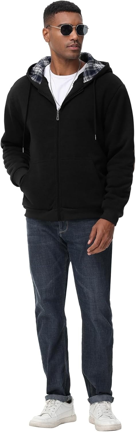 image:imageZITY Mens Flannel Plaid Lined Hoodies Zip Up Heavyweight Sweatshirt Winter Warm Thick CoatBlack