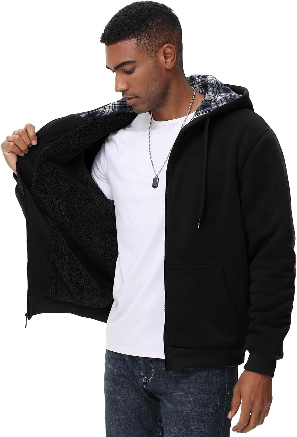 image:imageZITY Mens Flannel Plaid Lined Hoodies Zip Up Heavyweight Sweatshirt Winter Warm Thick CoatBlack