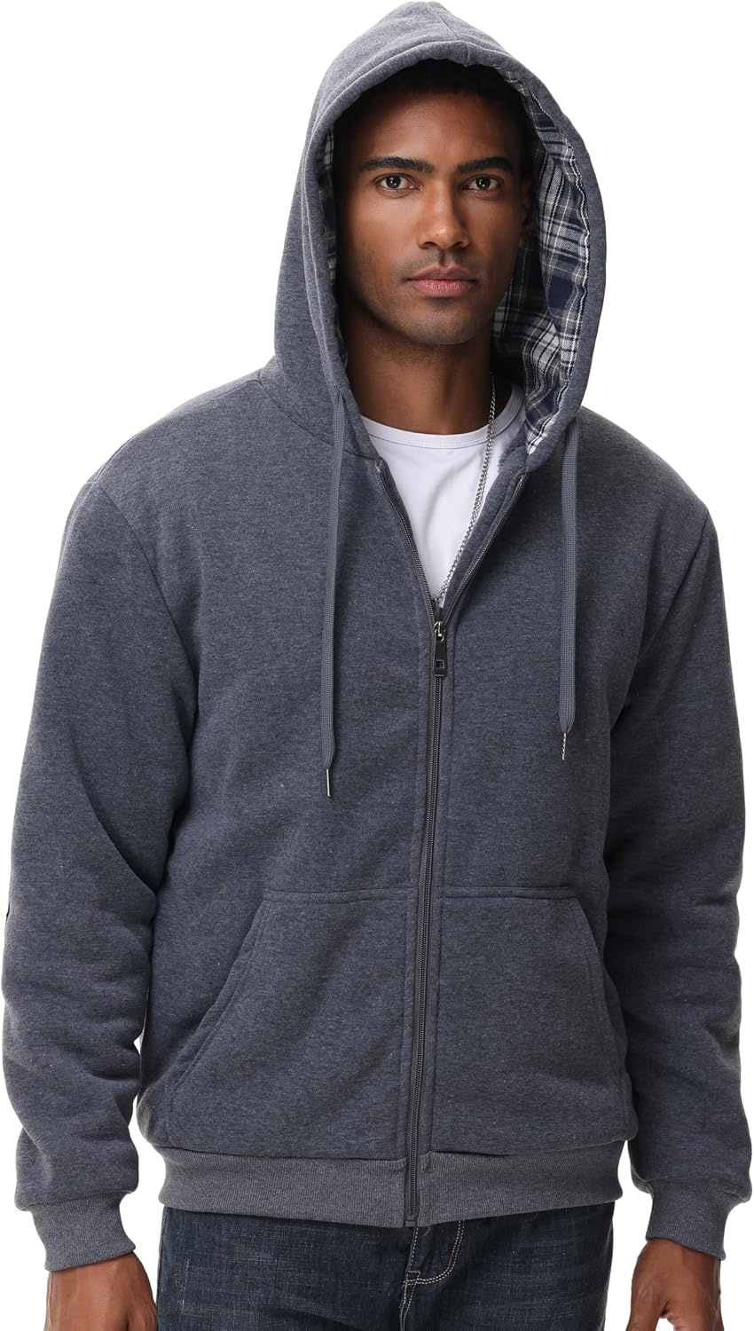 image:imageZITY Mens Flannel Plaid Lined Hoodies Zip Up Heavyweight Sweatshirt Winter Warm Thick CoatDeep Gray