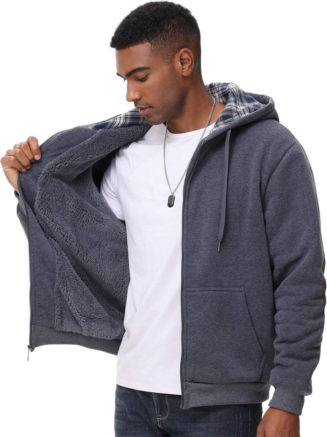 image:imageZITY Mens Flannel Plaid Lined Hoodies Zip Up Heavyweight Sweatshirt Winter Warm Thick CoatDeep Gray