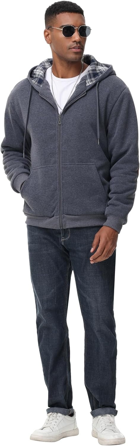 image:imageZITY Mens Flannel Plaid Lined Hoodies Zip Up Heavyweight Sweatshirt Winter Warm Thick CoatDeep Gray