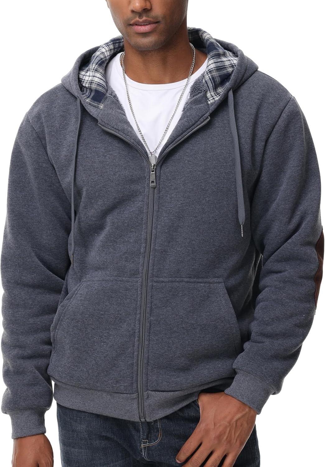 image:imageZITY Mens Flannel Plaid Lined Hoodies Zip Up Heavyweight Sweatshirt Winter Warm Thick CoatDeep Gray