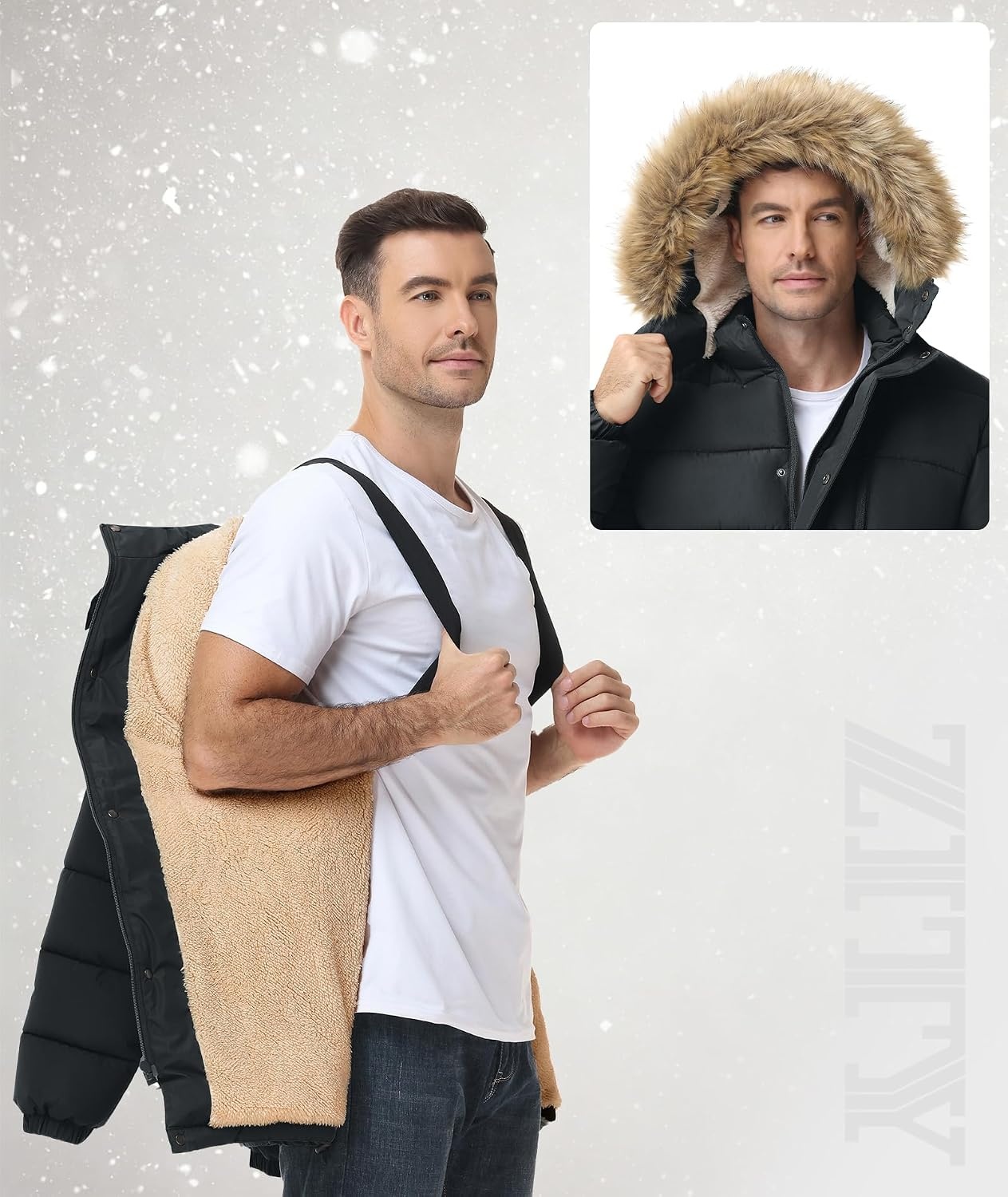 image:imageZITY Mens Winter Jacket Thicken Sherpa Lined Fleece Parka Long Outerwear Fur Coats WaterResistant Windproof Hooded JacketsCharcoal Black