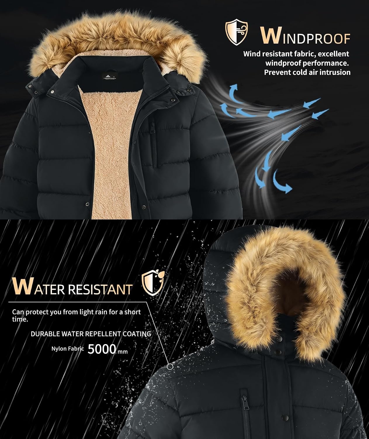 image:imageZITY Mens Winter Jacket Thicken Sherpa Lined Fleece Parka Long Outerwear Fur Coats WaterResistant Windproof Hooded JacketsCharcoal Black
