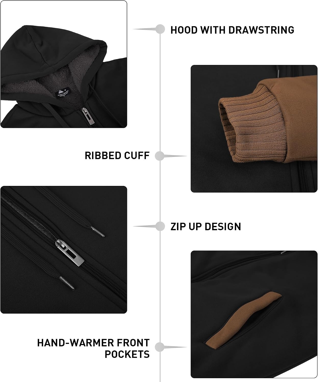 image:imageZITY Mens Zip Up Hoodie Heavyweight Winter Sweatshirt Fleece Sherpa Lined Warm JacketBlackKhaki