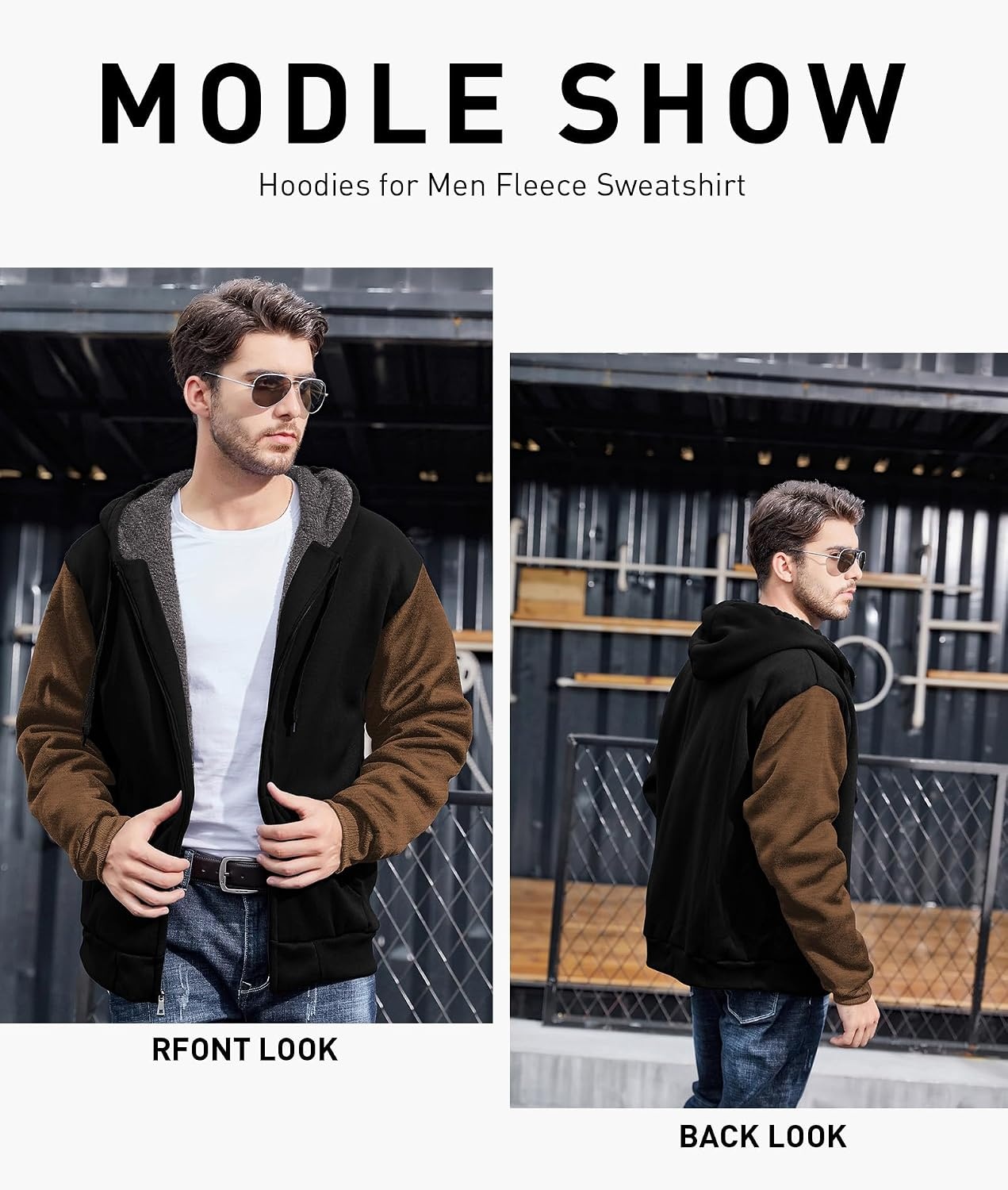 image:imageZITY Mens Zip Up Hoodie Heavyweight Winter Sweatshirt Fleece Sherpa Lined Warm JacketBlackKhaki