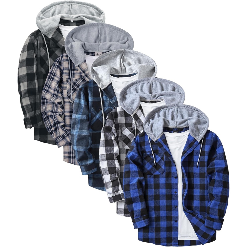 image:imageZITY 5 Pack Mens Flannel Hoodie Shirts Button Down Long Sleeve Casual Stylish Plaid Hooded Shirt with PocketBlack White White Blue Navy White Navy Blue