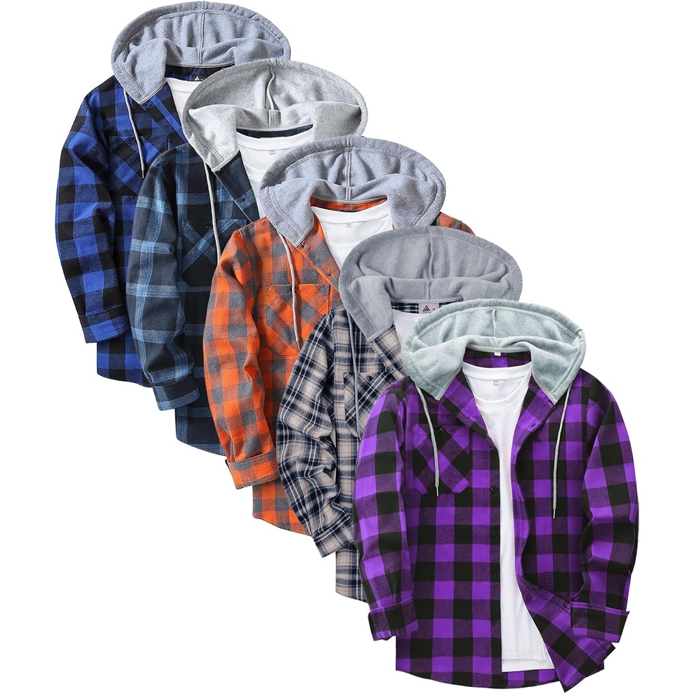 image:imageZITY 5 Pack Mens Flannel Hoodie Shirts Button Down Long Sleeve Casual Stylish Plaid Hooded Shirt with PocketBlue Navy Blue Orange Navy White Purple