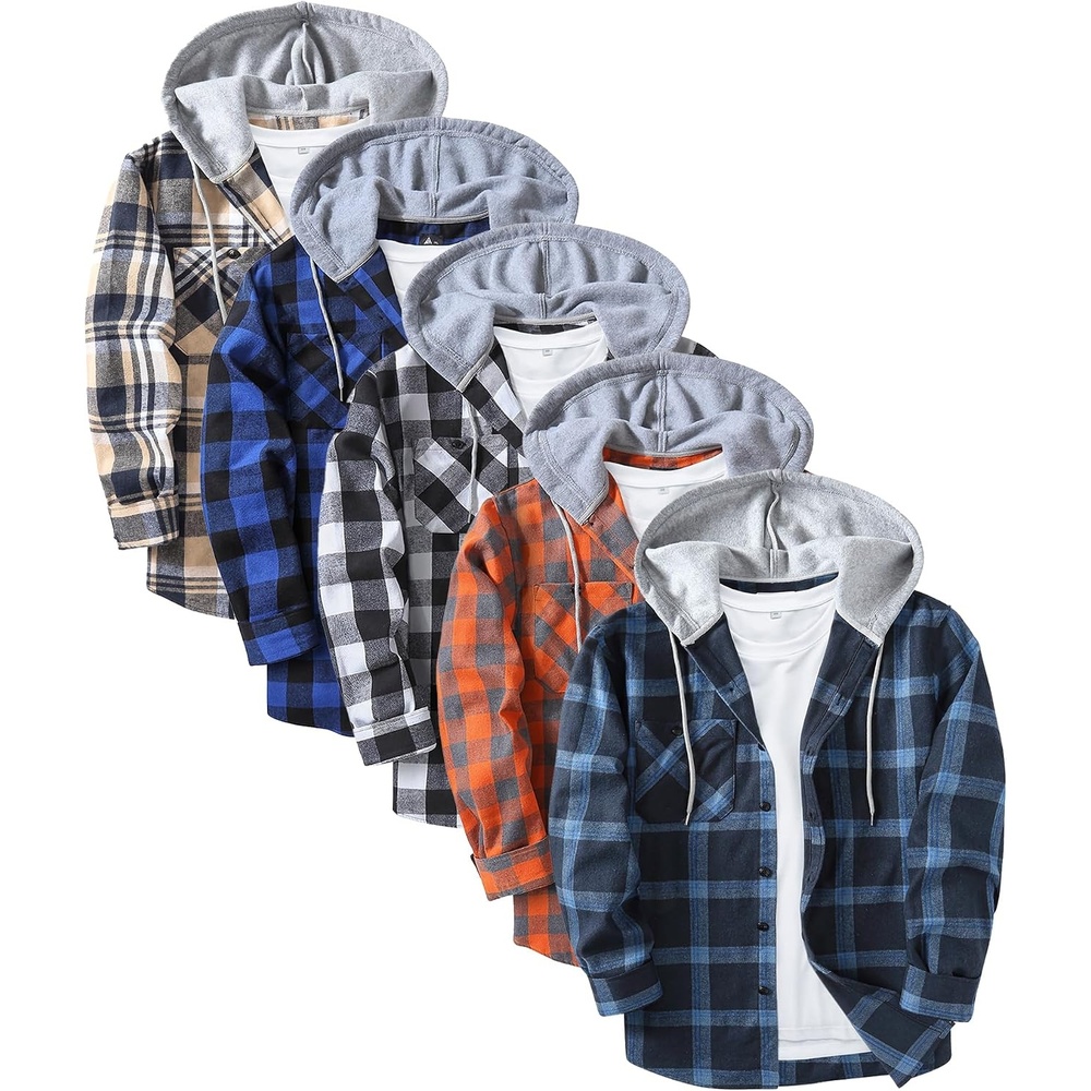 image:imageZITY 5 Pack Mens Flannel Hoodie Shirts Button Down Long Sleeve Casual Stylish Plaid Hooded Shirt with PocketNavy Beige  Blue  Navy Blue  Orange  White Black