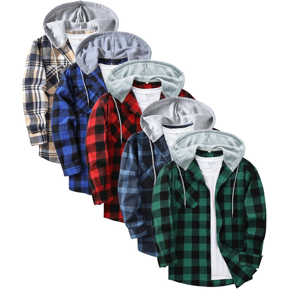 image:imageZITY 5 Pack Mens Flannel Hoodie Shirts Button Down Long Sleeve Casual Stylish Plaid Hooded Shirt with PocketNavy Beige  Green  Red  Navy Blue  Blue