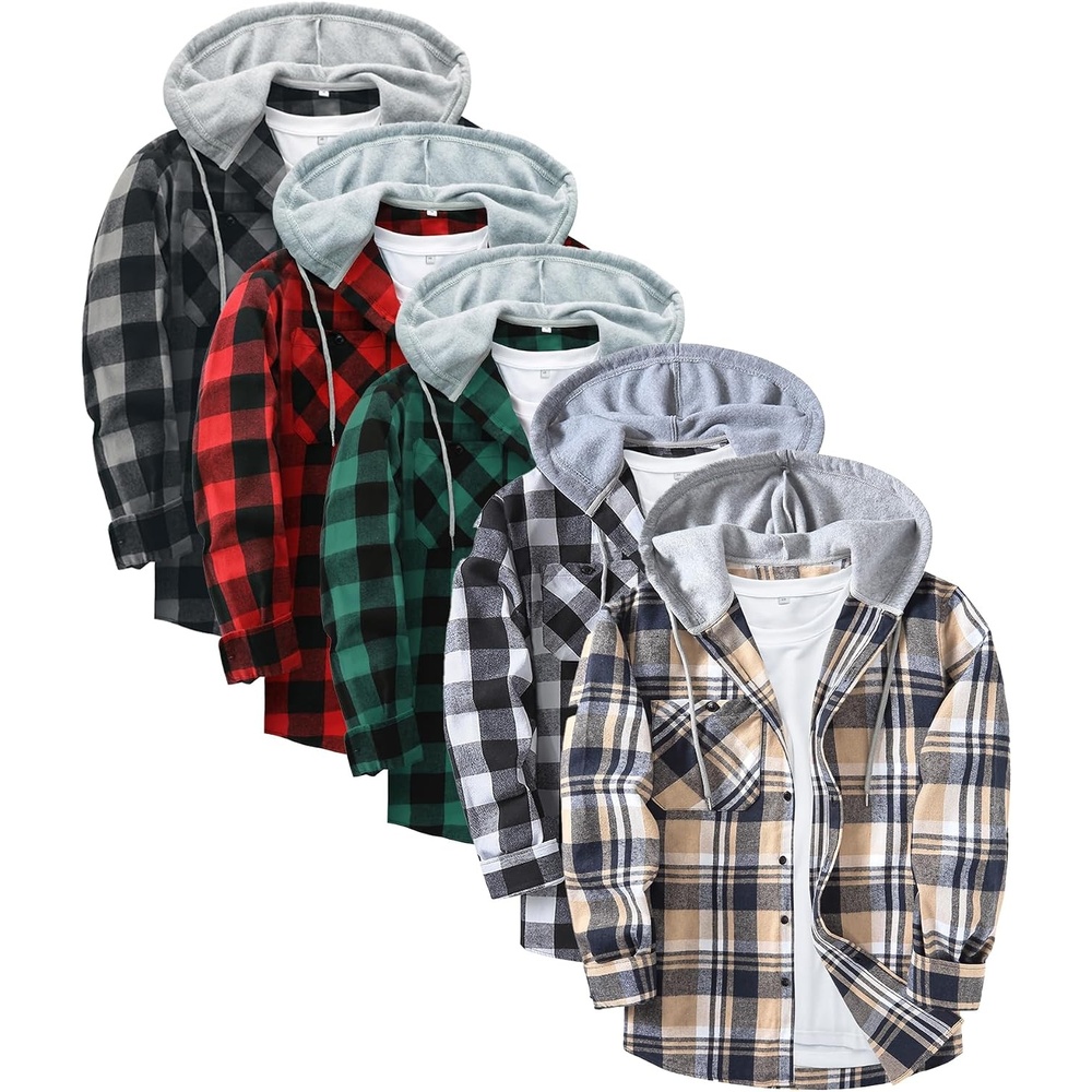 image:imageZITY 5 Pack Mens Flannel Hoodie Shirts Button Down Long Sleeve Casual Stylish Plaid Hooded Shirt with PocketNavy Beige  Green  Red  White  White Black