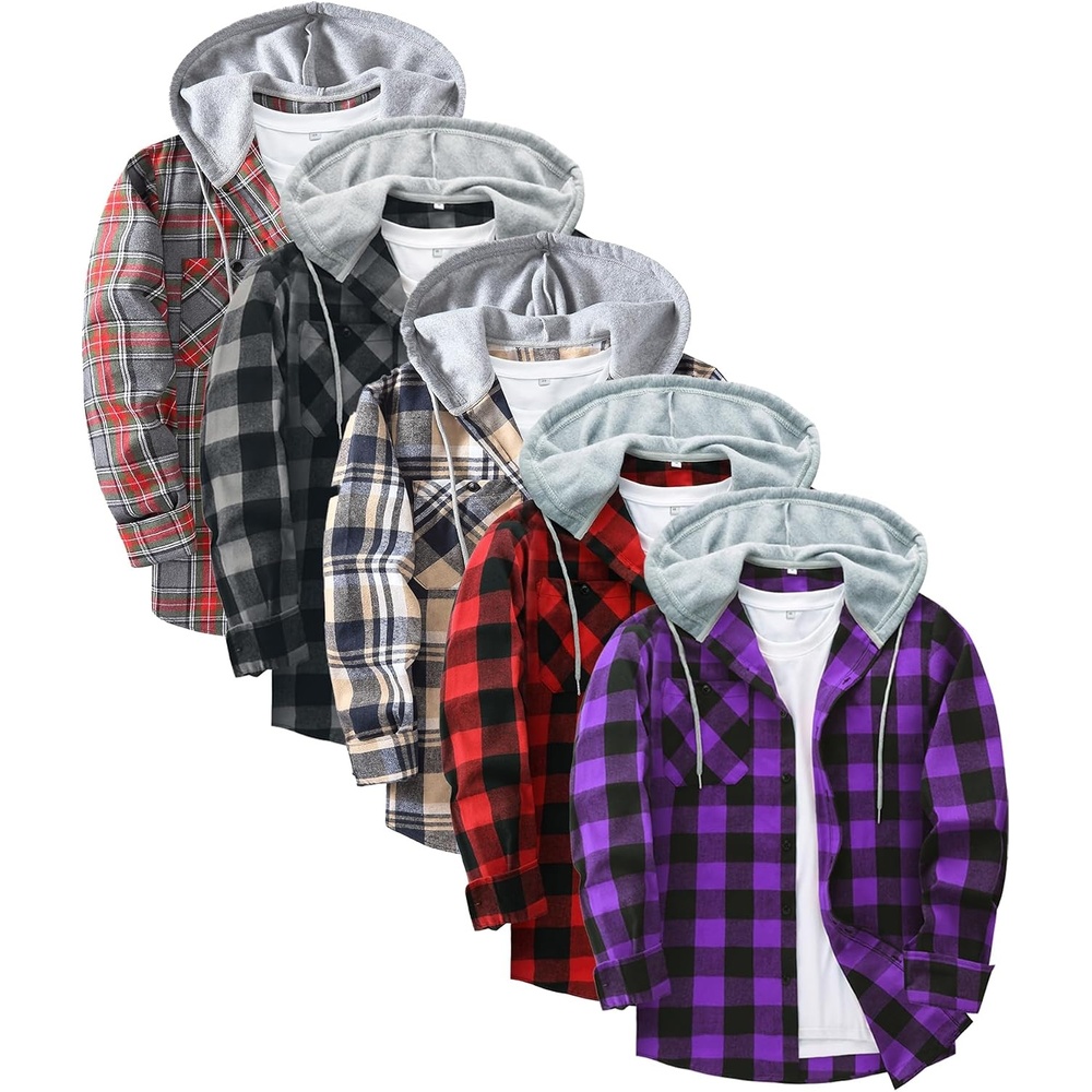 image:imageZITY 5 Pack Mens Flannel Hoodie Shirts Button Down Long Sleeve Casual Stylish Plaid Hooded Shirt with PocketNavy Beige  Red  Red Grey  White  Purple