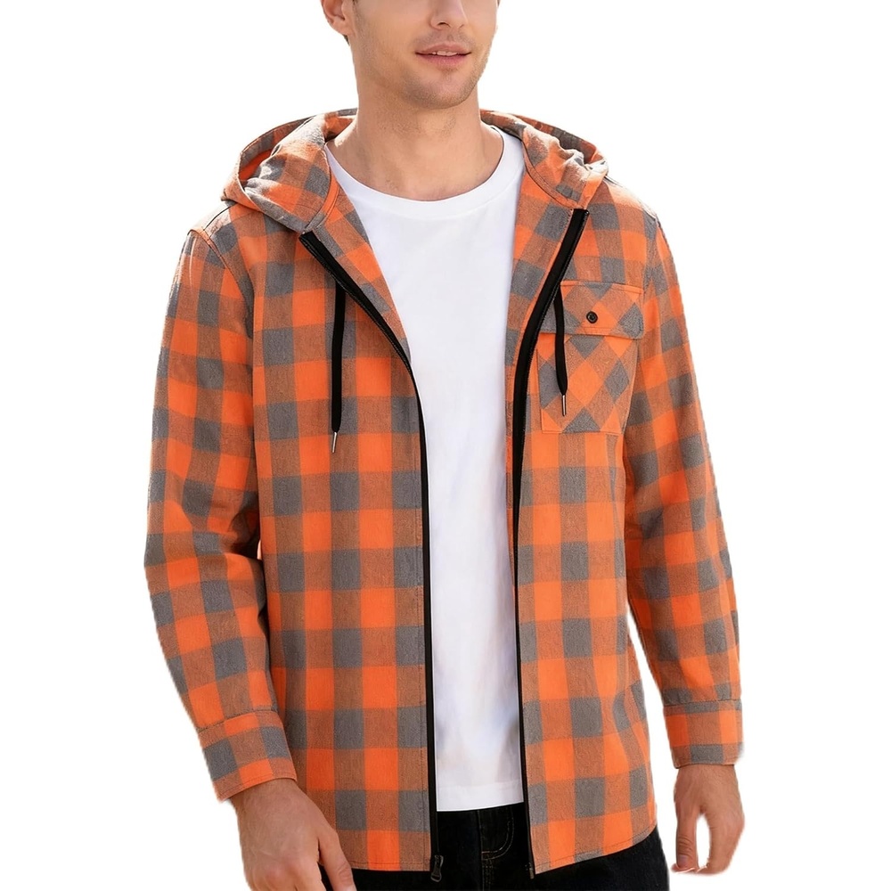 image:imageZITY Mens Cotton Linen Zip up Hoodies Long Sleeve Casual Tops Plaid Flannel Shirt with Hood Orange