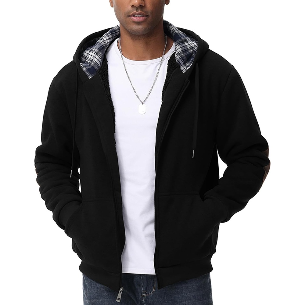image:imageZITY Mens Flannel Plaid Lined Hoodies Zip Up Heavyweight Sweatshirt Winter Warm Thick CoatBlack