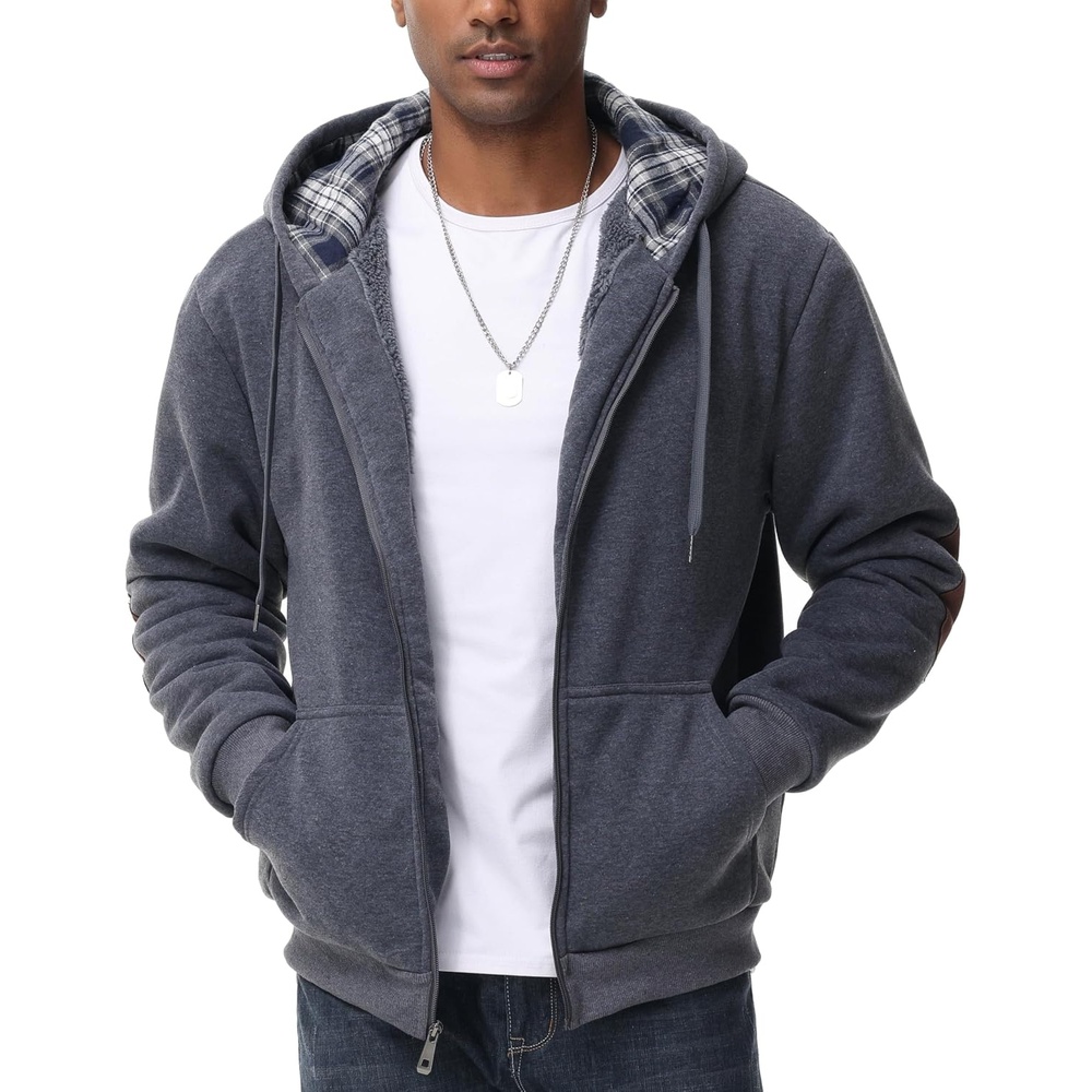 image:imageZITY Mens Flannel Plaid Lined Hoodies Zip Up Heavyweight Sweatshirt Winter Warm Thick CoatDeep Gray