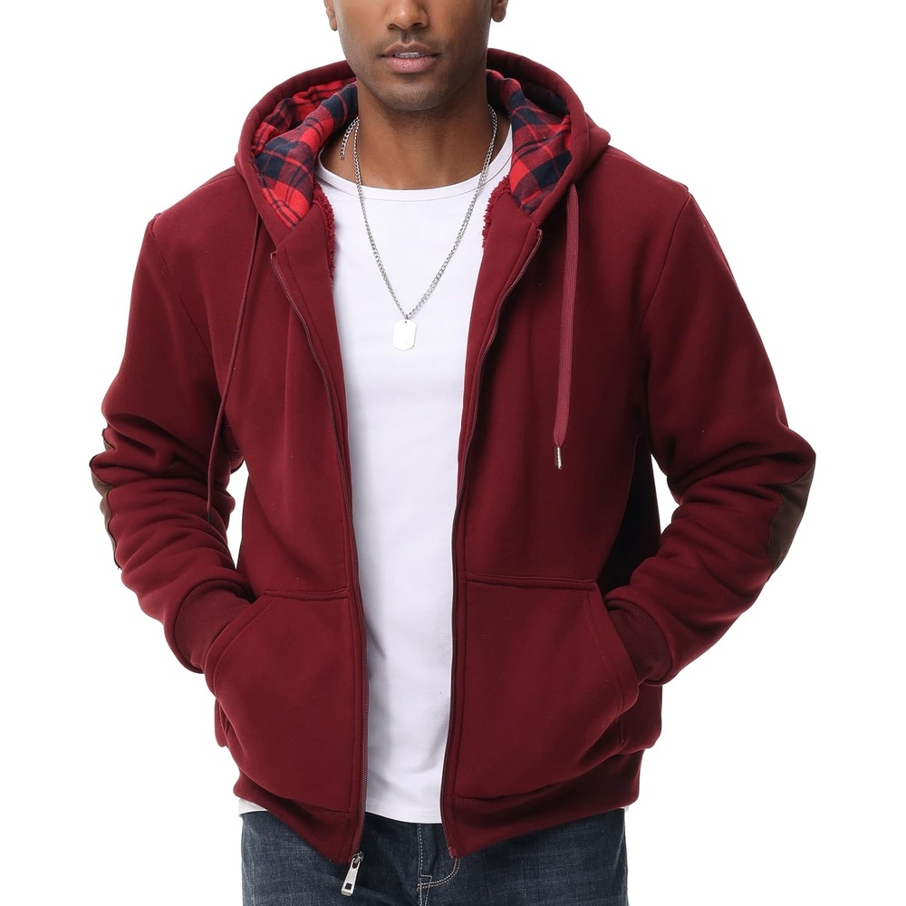 image:imageZITY Mens Flannel Plaid Lined Hoodies Zip Up Heavyweight Sweatshirt Winter Warm Thick CoatWine Red