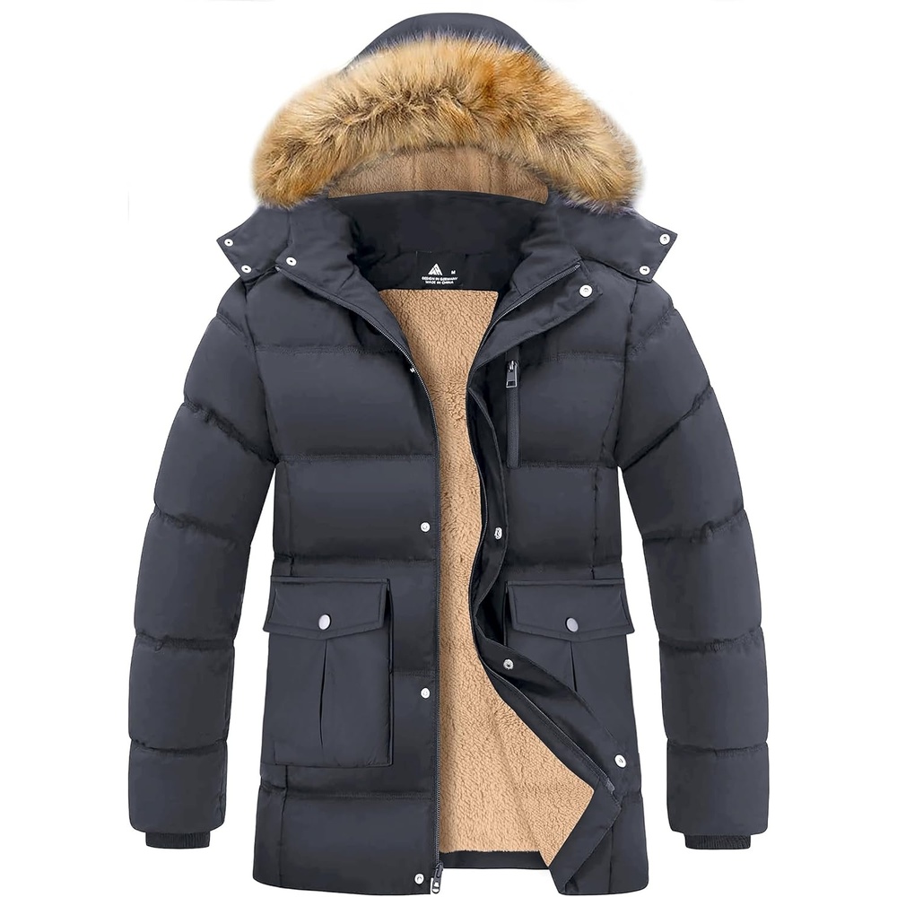 image:imageZITY Mens Winter Jacket Thicken Sherpa Lined Fleece Parka Long Outerwear Fur Coats WaterResistant Windproof Hooded JacketsDark Gray