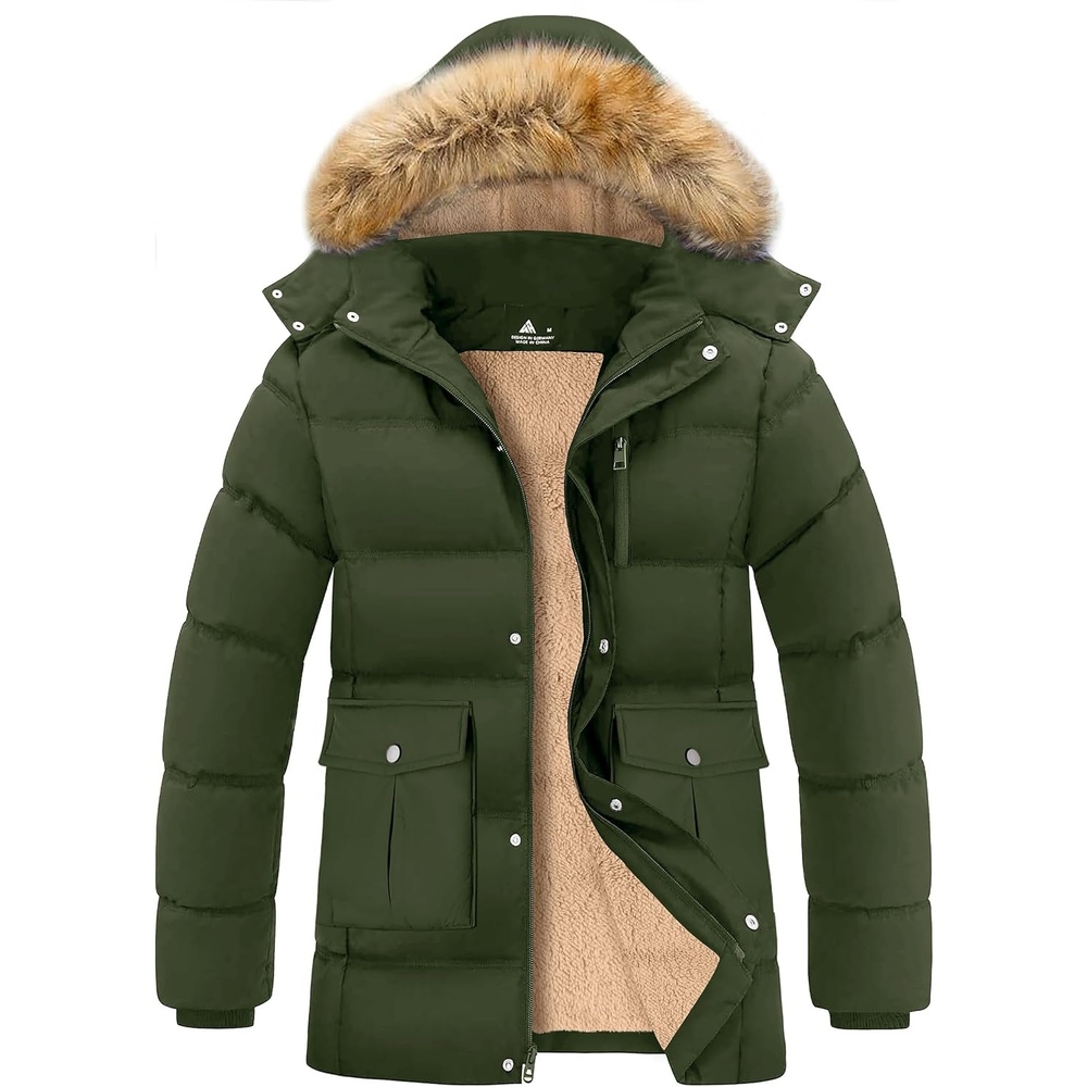 image:imageZITY Mens Winter Jacket Thicken Sherpa Lined Fleece Parka Long Outerwear Fur Coats WaterResistant Windproof Hooded JacketsOlive Night