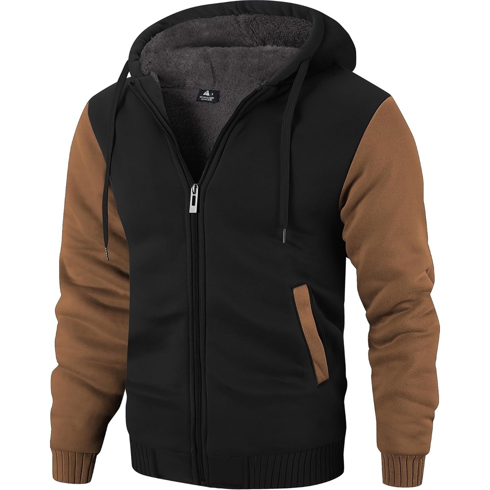image:imageZITY Mens Zip Up Hoodie Heavyweight Winter Sweatshirt Fleece Sherpa Lined Warm JacketBlackKhaki