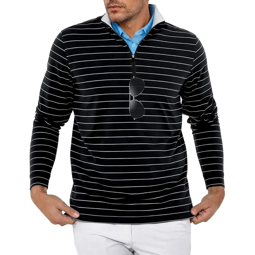 image:imageZITY Quarter Zip Pullover for Men Golf Shirts Long Sleeve Print UPF 50 Sun Protection Moisture Wicking Athletic SweatshirtBlack White Stripe
