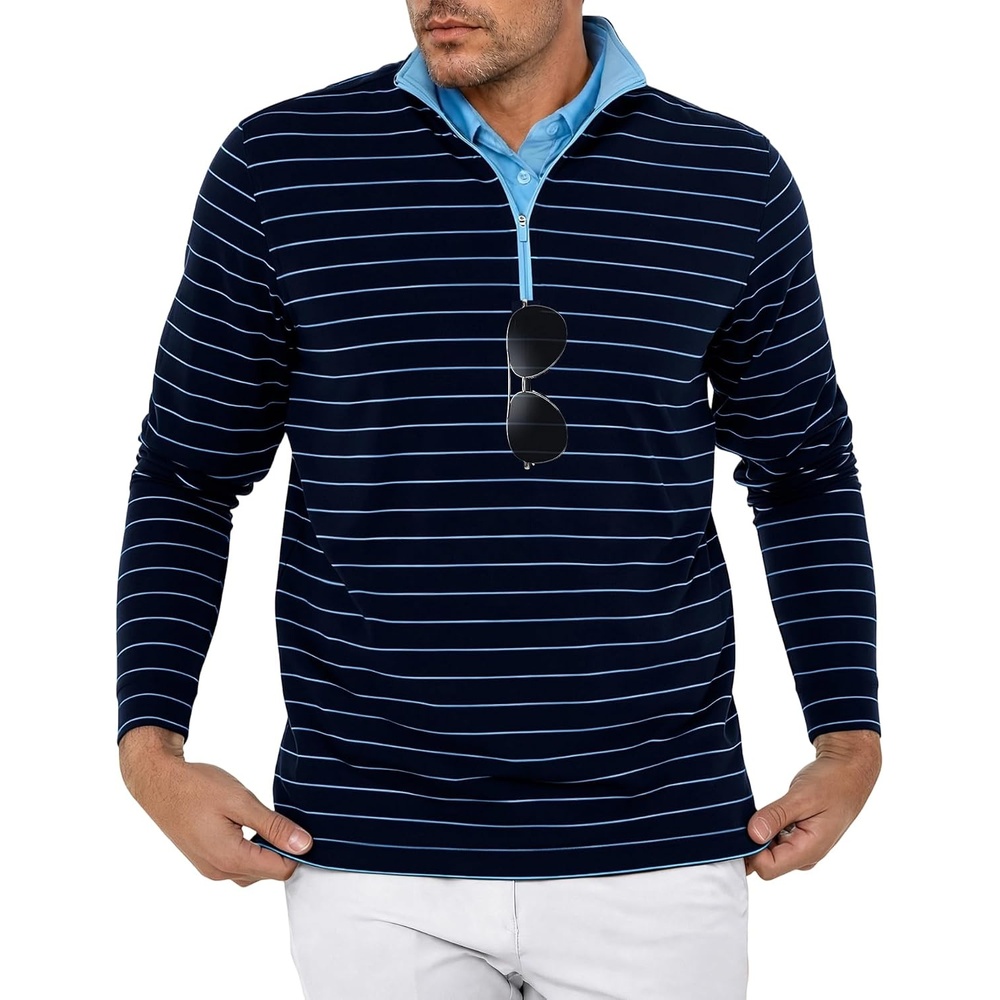 image:imageZITY Quarter Zip Pullover for Men Golf Shirts Long Sleeve Print UPF 50 Sun Protection Moisture Wicking Athletic SweatshirtDark Blue Stripe