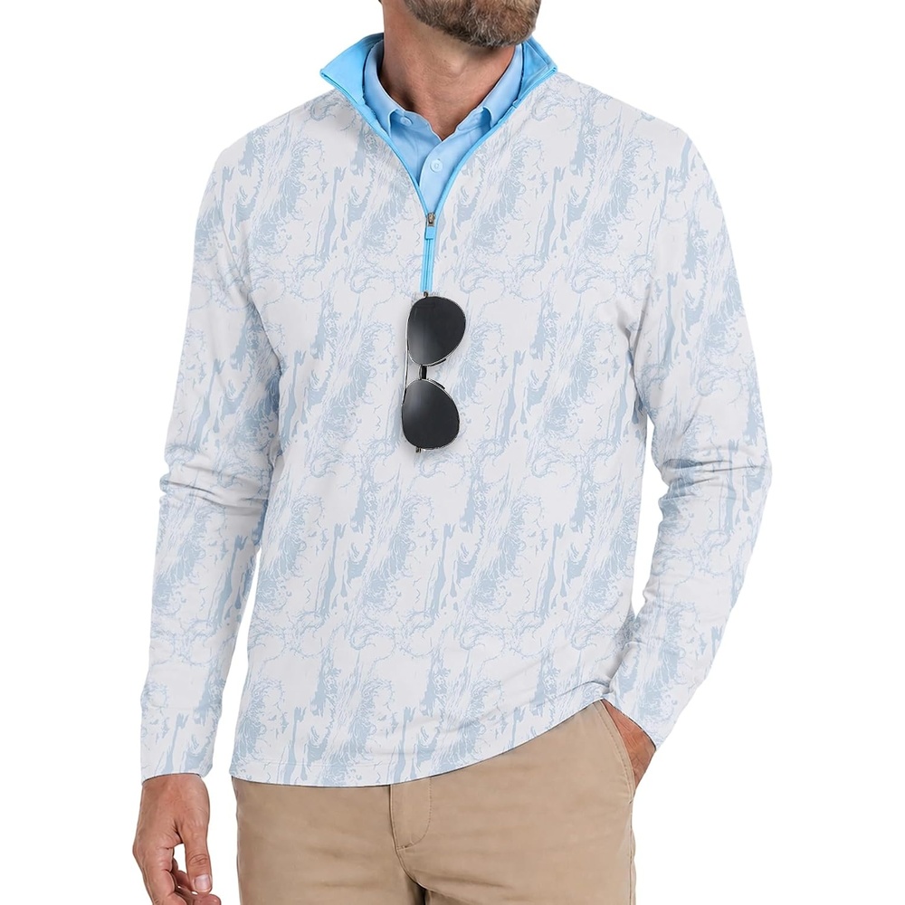 image:imageZITY Quarter Zip Pullover for Men Golf Shirts Long Sleeve Print UPF 50 Sun Protection Moisture Wicking Athletic SweatshirtGray White Wave
